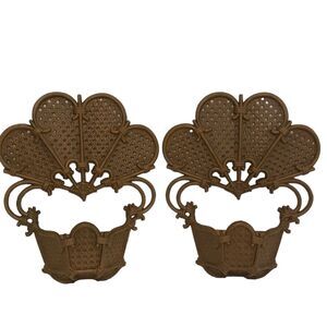 Vintage 1981 Burwood Brown Bohemian Faux Rattan Fan Wall Planters Set of 2